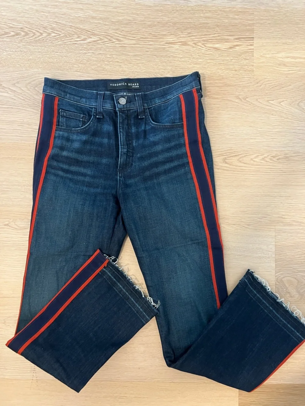 Veronica Beard Carolyn Baby Boot Dark Wash Jeans with Red Side Stripes - Picture 4 of 5